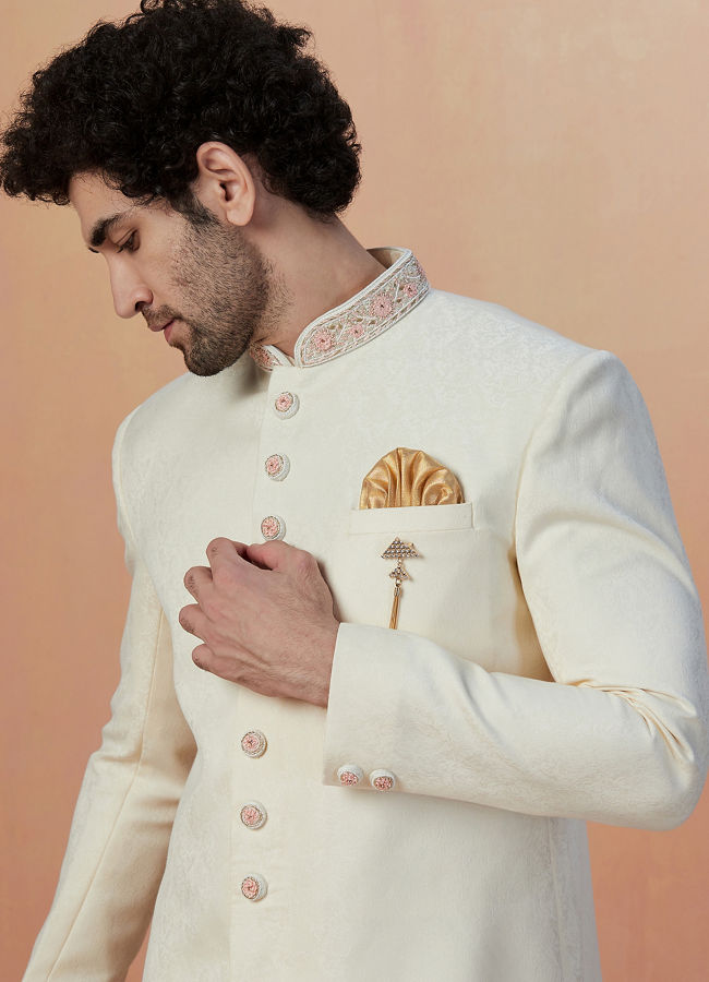 alt message - Manyavar Men Sea Shell White Self Design Indo Western image number 0